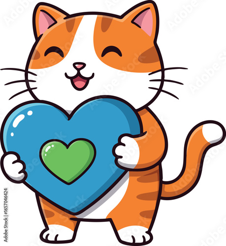 Cute orange cat holding big blue heart with green heart symbol expressing love and happiness in cartoon style
