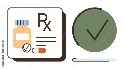 Medication bottle, tablets, capsule with prescription and green checkmark indicating approval or validation. Ideal for healthcare, pharmacy, prescription drug, compliance, medication tracking