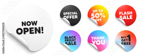 Now open sticker tag. Special offer paper price tags. Now open tag. Promotion new business sign. Welcome advertising symbol. Discount, black friday sticker. Promo banner. Vector