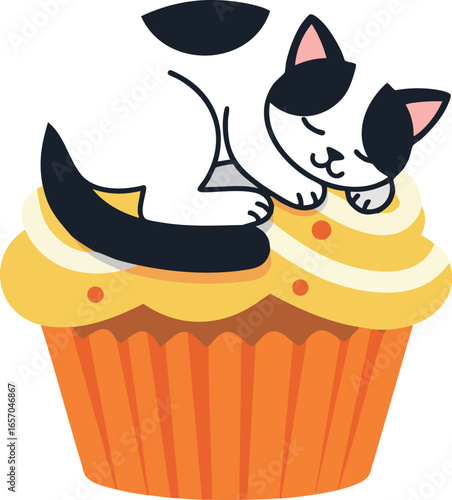 Cat Sleeping on Cupcake Cute Vector Illustration with Orange and Yellow Colors for Fun Design and Decoration