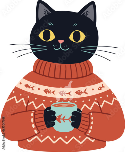 Black cat wearing orange sweater holding steaming cup cozy autumn illustration vector design