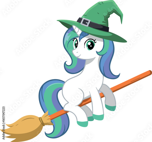 Cute cartoon pony with green witch hat flying on broomstick magical fantasy character vector illustration