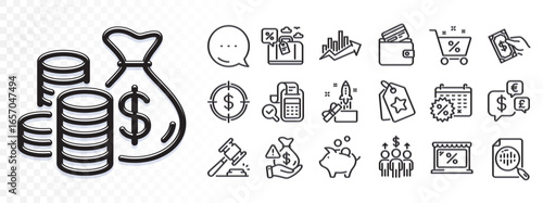 Loan percent, Innovation and Calendar discounts line icons for web app. Glare of light effect. Message icon. Pack of Analytics chart, Travel loan, Coins bag pictogram icons. Vector