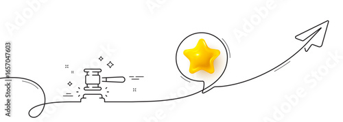 Auction hammer line icon. Continuous line with share plane. Bid offer sign. Lot was sold symbol. 3d star in speech bubble. Auction hammer single line ribbon. Loop curve pattern. Vector