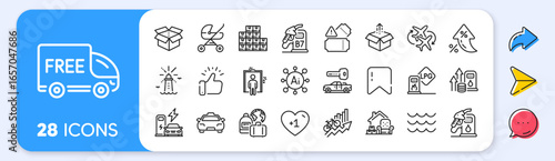 Send box, Free delivery and Car key line icons. Interest rate, AI generate, Inflation icons. Pack of Charging station, Waves, Baby carriage icon. Vector