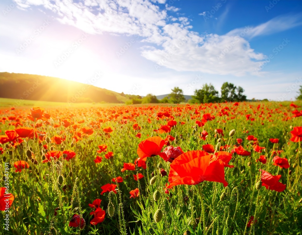 Fototapeta premium Vibrant poppy field at sunrise
