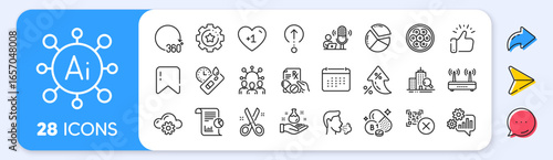 360 degrees, Prescription drugs and Cogwheel line icons. Interest rate, AI generate, Inflation icons. Pack of Wifi, Qr code, Cut icon. Report, Swipe up, Thiamine vitamin pictogram. Vector