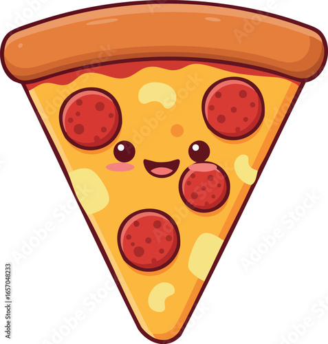 Cute happy pizza slice with pepperoni toppings cartoon vector illustration food design friendly character