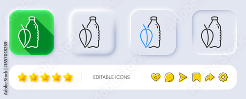 Water bottle line icon. Neumorphic, Flat shadow, 3d buttons. Soda aqua drink sign. Mint leaf symbol. Line water bottle icon. Social media icons. Vector