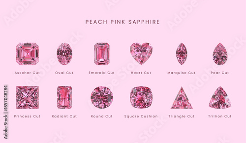Collection of Peach pink Sapphire gemstones in different cuts. Asscher, Oval, Emerald, Heart, Marquise, Pear, Princess, Radiant, Round, Cushion, Triangle and Trillion cut stones. Luxury jewelry.