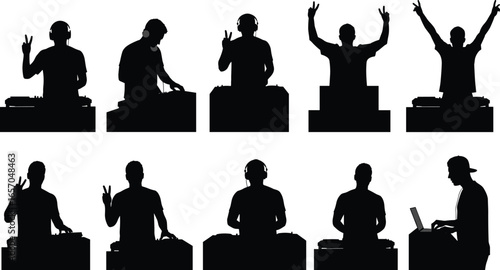 DJ performance silhouettes, music mixing, black vector, club scene, party, headphones, console, laptop, nightlife, entertainment, posture, outline, flat illustration, CAD drawing