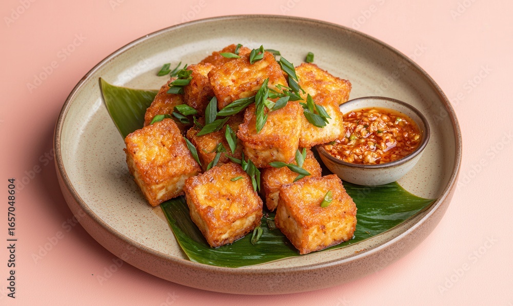 Fototapeta premium Crispy Tofu and Tempeh Served With Spicy Sambal Sauce on a Matte Plate Against a Coral Background