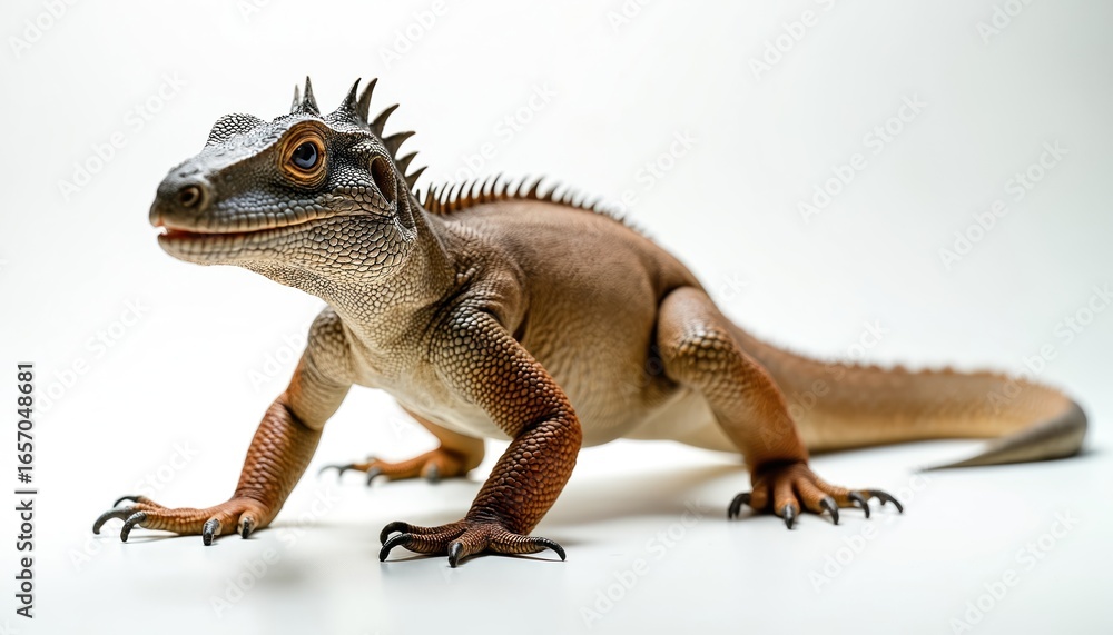 Obraz premium Detailed close-up of Komodo dragon reptile against clean white background. Its textured scales, sharp claws, and intense eye are visible, showcasing its powerful predator nature and exotic biology.