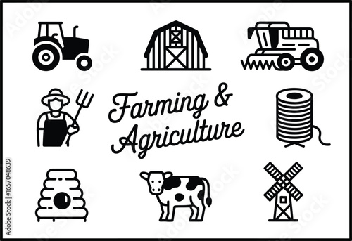 Farming and agriculture icons with tractor barn combine farmer beehive cow and windmill