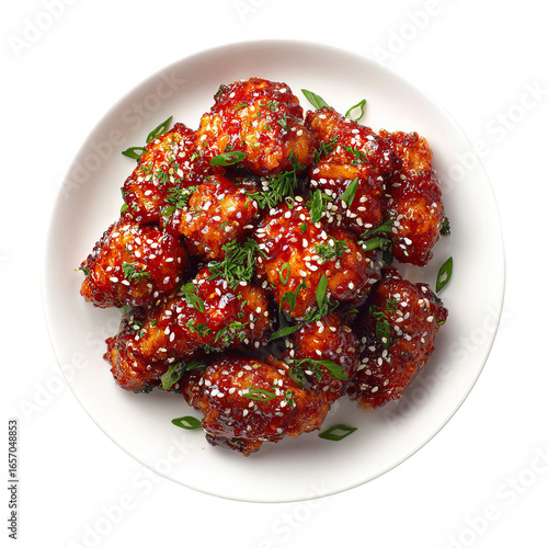 close-up of general tso’s chicken served in white bowl
