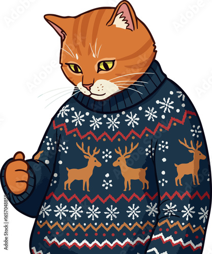 Ginger cat wearing navy blue Christmas sweater with reindeer and snowflake pattern festive winter clothing vector illustration