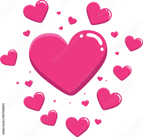 Pink heart shapes vector with glossy effect and love symbols for romantic design and decoration