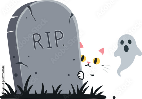 Cute cat peeking from behind gravestone with ghost spirit floating nearby in spooky Halloween scene vector illustration