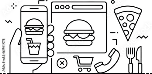 Hand holding smartphone showing food ordering app with pizza and cutlery
