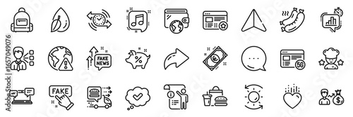 Heart, Food delivery and Internet warning line icons pack. Share, Message, Paper plane icons. Manual doc, Fast food, Best chef web icon. Sun protection, 5g internet, Grilled sausage pictogram. Vector