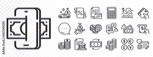 Cash transit, World money and Check investment line icons for web app. Glare of light effect. Message icon. Pack of Currency, Bank document, Atm service pictogram icons. Vector