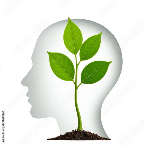 A green plant sprouts from soil inside the silhouette of a human head. A powerful concept for mental growth, fresh ideas, creativity, mindfulness, and personal development.