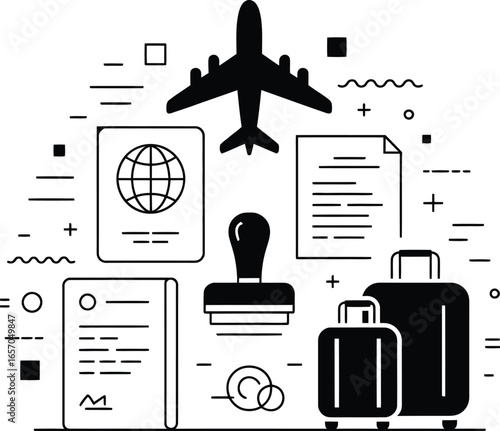 Travel and immigration concept with airplane passport and luggage