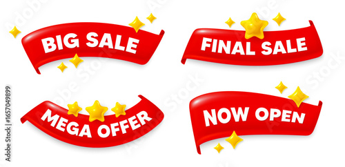 Big sale flag ribbon. Mega discount, Final sale, Now open. Big Sale. Special offer price sign. Advertising Discounts symbol. Red flag ribbon banners. Promo offer tags. Vector