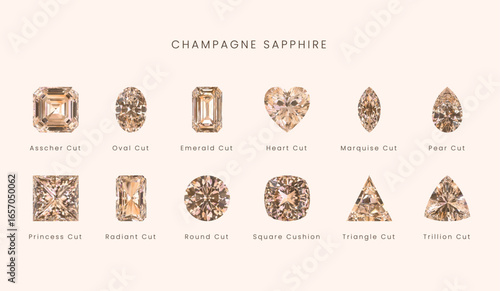 Collection of Champagne Sapphire gemstones in different cuts. Asscher, Oval, Emerald, Heart, Marquise, Pear, Princess, Radiant, Round, Cushion, Triangle and Trillion cut stones. Luxury jewelry.