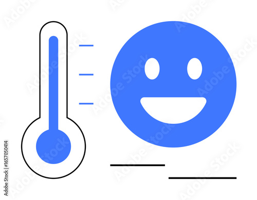 Blue emotion with a beaming smile paired with a stylized thermometer indicating progress, improvement, or happiness. Ideal for feedback, health, growth, satisfaction, evaluation, positivity simple