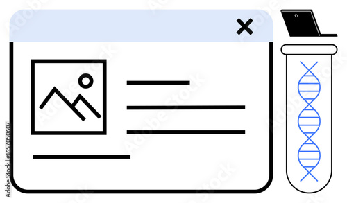 Website layout alongside a test tube containing DNA strand emphasizes digital biomedical research. Ideal for genetics, bioinformatics, laboratory studies, data analysis, innovation, medical
