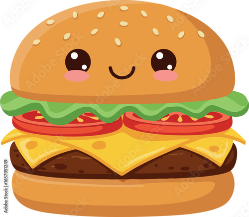 Cute cheeseburger with smiling face lettuce tomato and sesame seed bun vector illustration