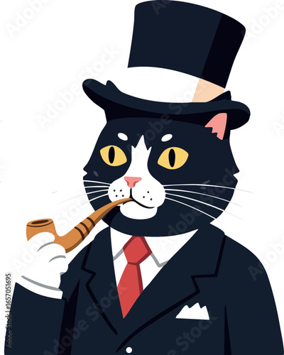 Black cat wearing top hat and suit smoking pipe sophisticated gentleman character vector illustration