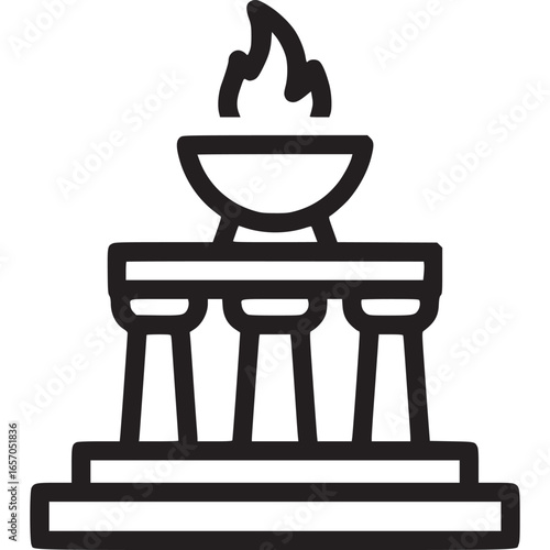Minimalist line art of a ceremonial altar with fire isolated on white background, representing religious rituals and spiritual offerings