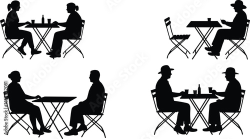 People sitting at tables silhouettes, conversation, black vector, social interaction, dining, cafe scene, posture, outline, flat illustration, CAD drawing, set collection