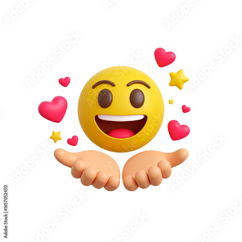 3D smiling emoji with hands and floating hearts, expressing joy, love, and happiness in a bright, playful design.