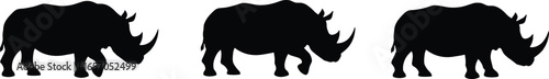 WebRhinoceros silhouettes, side view, horned animal, vector, black, wildlife, identical, trio, nature, endangered, safari, strong