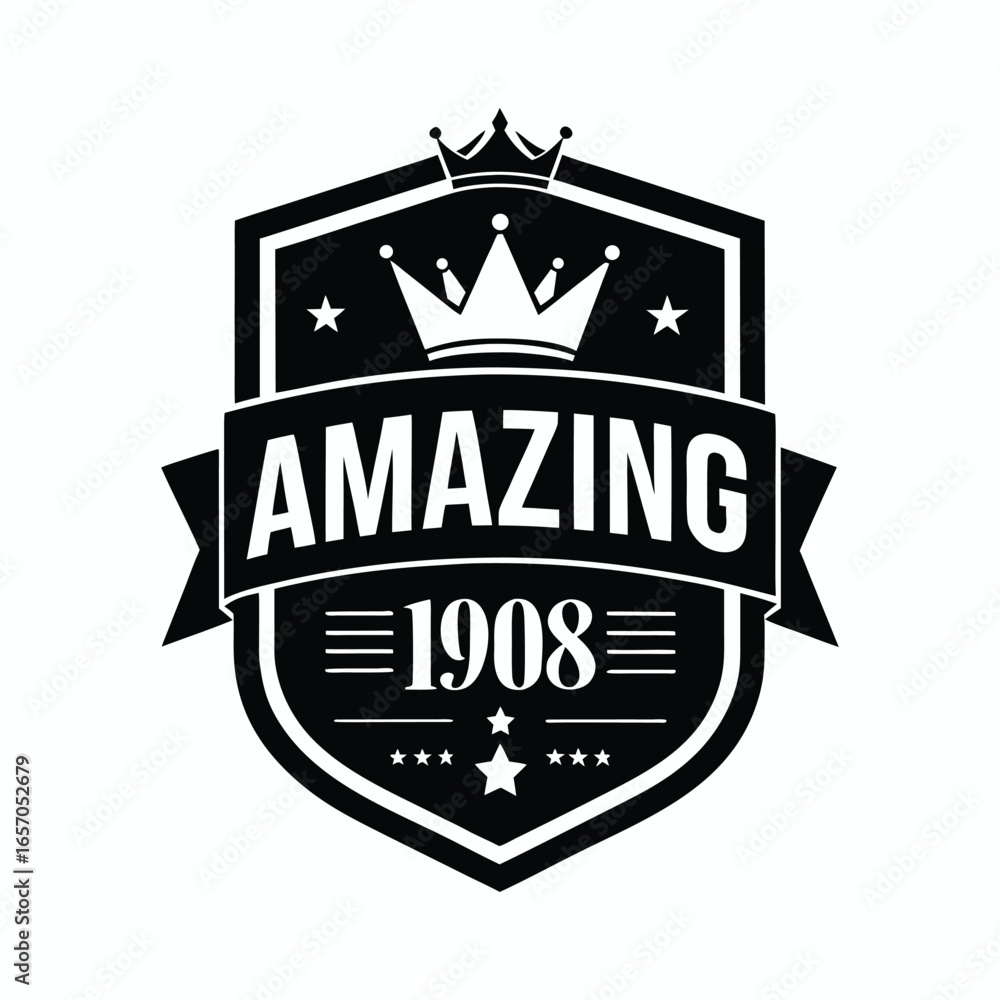 Fototapeta premium Vintage emblem celebrating the year 1908 with the word amazing and a royal crown emblematic of achievement and excellence