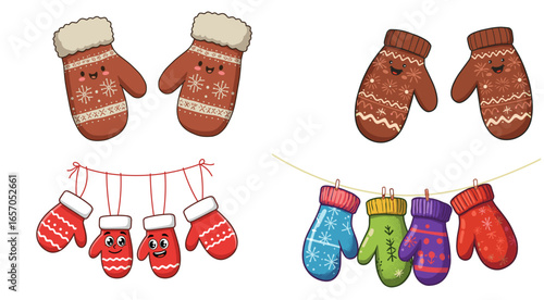 set of Colorful winter mittens with playful designs hanging on a string against a white background