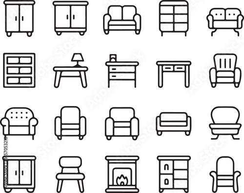 Home Furniture Line Icons — Sofas, Armchairs, Wardrobes, Cabinets and Fireplace Vector Set