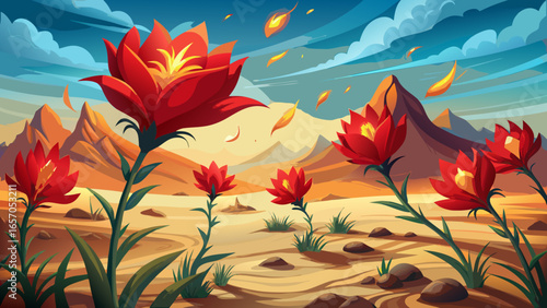 Fiery red flowers blooming in desert landscape, vibrant petals contrasting golden dunes, radiant blossoms shimmering beneath scorching sky, resilient beauty enduring harsh winds, transforming silent 