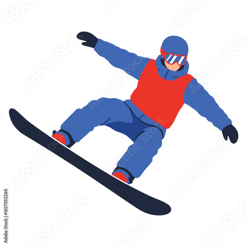A snowboarder in blue and red outfit is captured midjump on a, showcasing the excitement and skill of winter sports