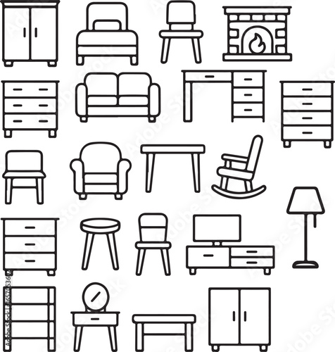 Home Furniture Line Icons Set — Sofa, Bed, Desk, Wardrobe and Decor Vector
