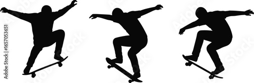 WebSkateboarder silhouettes, vector, black, trick, jump, mid-air, extreme sport, skateboarding, dynamic, pose, youth, action