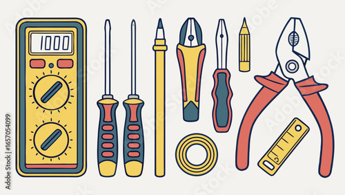 Electrical Tools Set Vector Illustration, Electrician Equipment Collection with Pliers, Screwdrivers, Multimeter, Tester, Wire Cutter, Drill, and Insulation Accessories