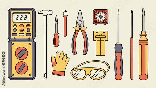 Electrical Tools Set Vector Illustration, Electrician Equipment Collection with Pliers, Screwdrivers, Multimeter, Tester, Wire Cutter, Drill, and Insulation Accessories