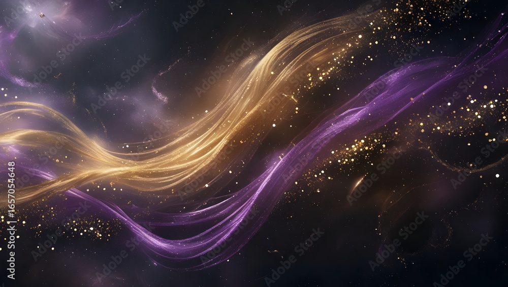 Fototapeta premium Elegant Purple and Gold Abstract Background Cosmic Dust and Swirling Light Abstract Background