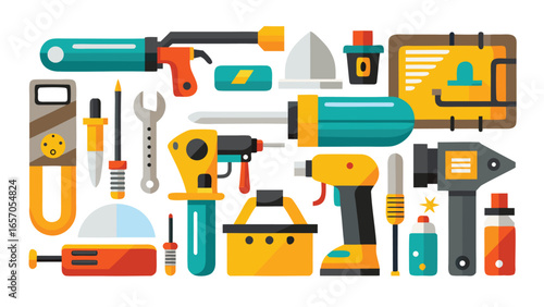 Electrical Tools Set Vector Illustration, Electrician Equipment Collection with Pliers, Screwdrivers, Multimeter, Tester, Wire Cutter, Drill, and Insulation Accessories