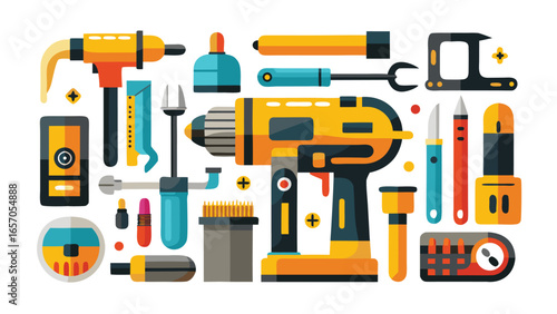 Electrical Tools Set Vector Illustration, Electrician Equipment Collection with Pliers, Screwdrivers, Multimeter, Tester, Wire Cutter, Drill, and Insulation Accessories