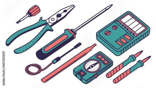 Electrical Tools Set Vector Illustration, Electrician Equipment Collection with Pliers, Screwdrivers, Multimeter, Tester, Wire Cutter, Drill, and Insulation Accessories